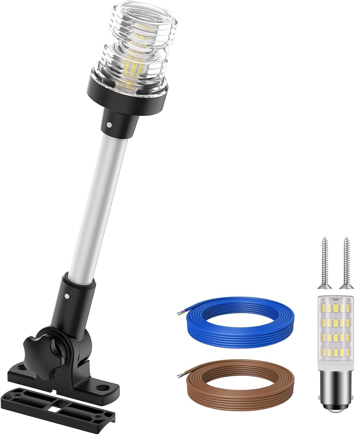Obcursco Boat Stern Lights, 2NM 360° LED Anchor Light, IP67 Waterproof Bimini Top Lighting, Fold-Down White Navigation Lighting for Pontoon, Marine, Yacht, and Fishing Boats(12'' Horizontal Swing)