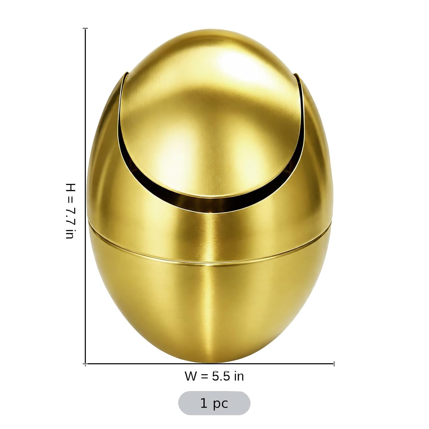 Mini Desktop Trash Can, Gold Metal Garbage Can with Swing Lid, 7.7 x 5.5 in Unique Egg Shaped Stainless Steel Garbage Can, Countertop Trash Can for Vanity Office and Makeup Table