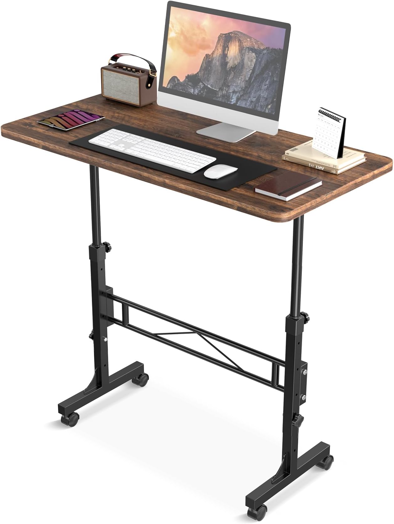 Small Standing Desk Adjustable Height, Mobile Stand Up Desk with Wheels, 32 Inch Portable Rolling Desks for Walking Pad Treadmill Rusitc