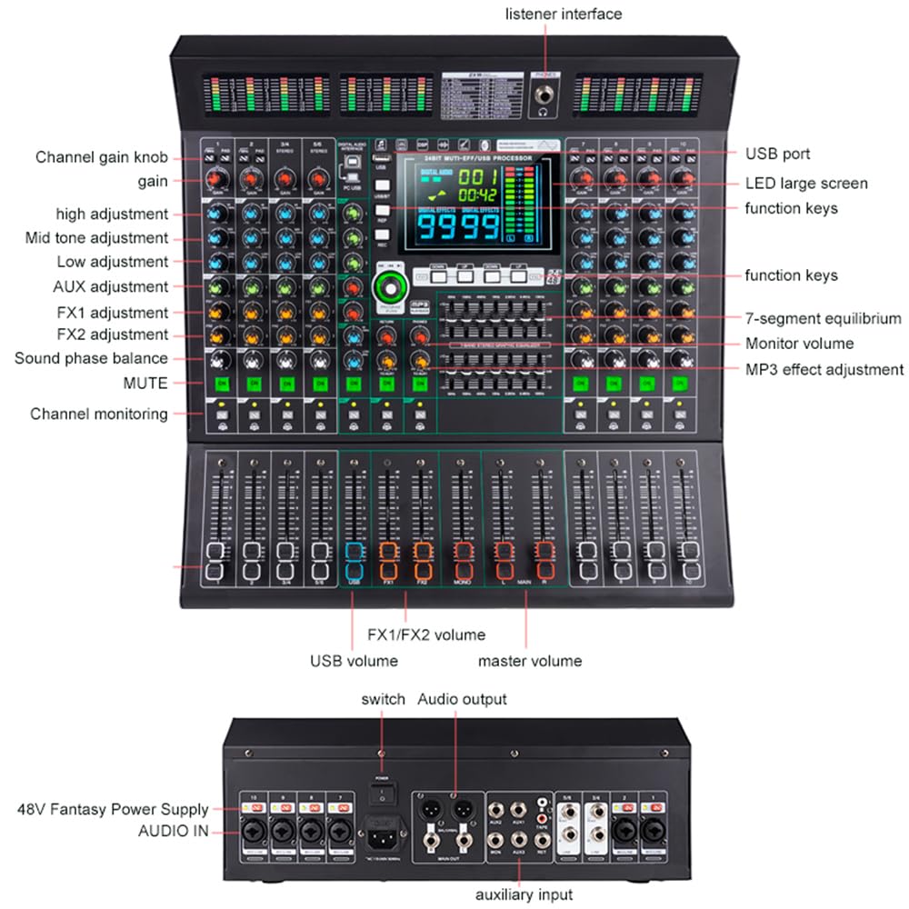 MD10 - Console mixer a 10 canali con 99 effetti DSP, riproduzione USB, connessione wireless, controllo EQ indipendente, ampio display LED - Mixer audio professionale per spettacoli dal vivo