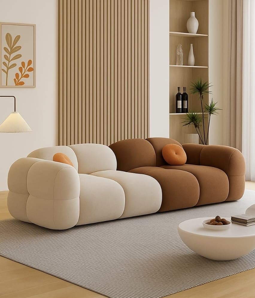 Image of LEGACY OF COMFORT Prith Velvet Modern Cloud Sofa Upholstered 3 Seater Sofa Three Seater Sofa for Living Room Hotels Offices (Ivory /Brown)