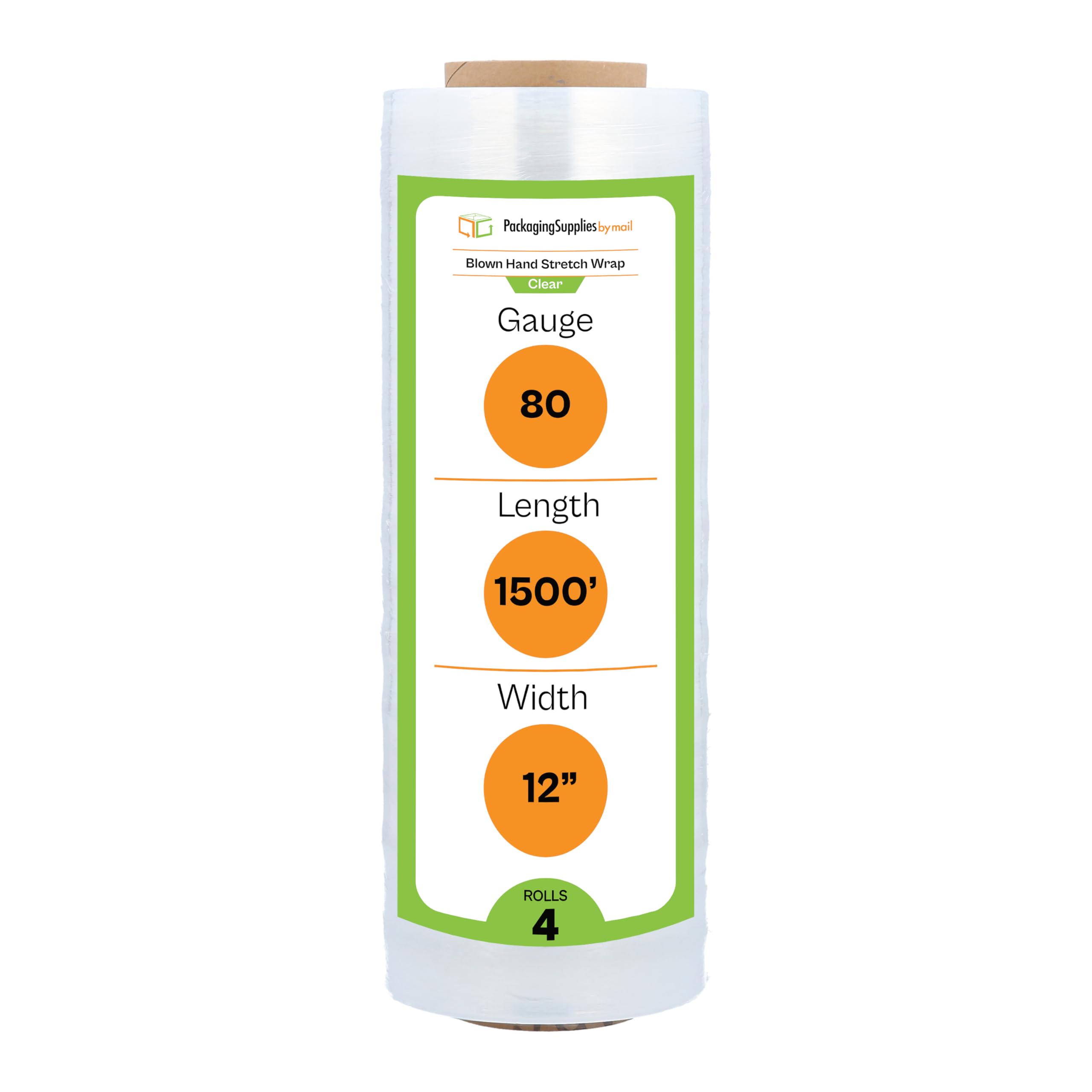 PSBM Stretch Wrap, 4 Pack, 12 Inch x 1500 Feet, 80 Gauge, Clear Plastic Cling, Blown Hand Stretch Film Rolls for Packaging Moving Packing Pallets