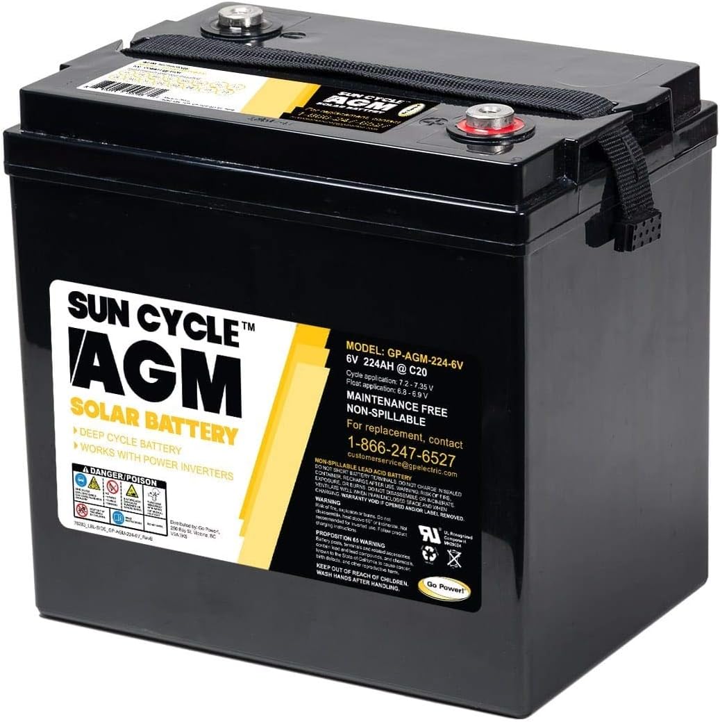 GP-AGM-224-6V 224 Amp, 6 Volt AGM Deep Cycle Rechargeable Replacement Battery for PV Solar and Inverters