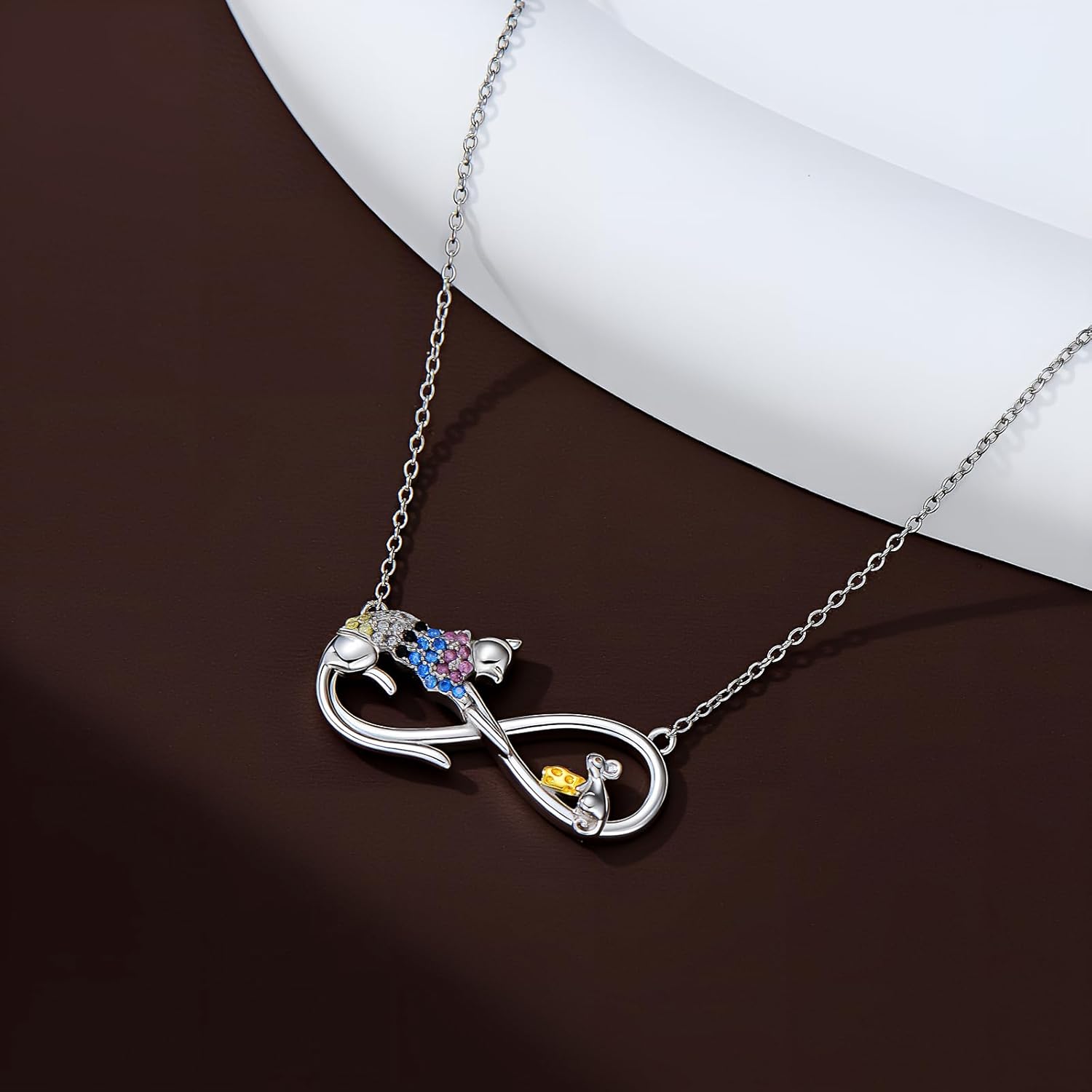 AOBOCO 925 Sterling Silver Cat and Mouse Infinity Necklace - Adorable Cheese Mouse Pendant Jewelry Gift for Cat Lovers Her Women