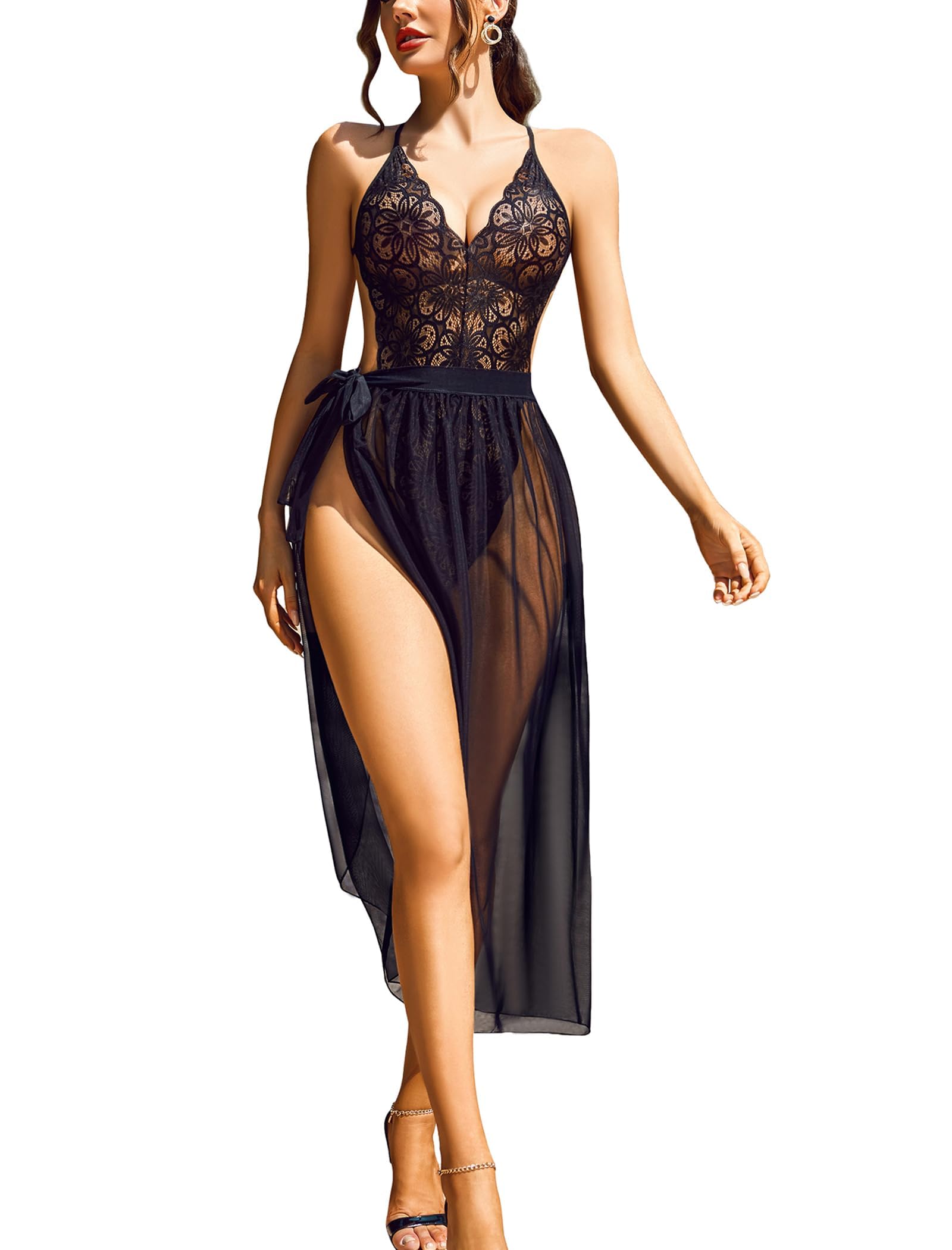 Sponsored Ad - Women's One Piece Lingerie, Deep V Lace Bodysuit with Mesh Skirt Nightie Bodysuit Skirt Bridal Honeymoon Valentine Halloween Nightdress