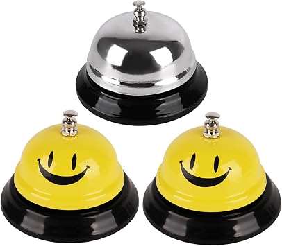 LNAUJS 3 Pack Call Bell 3.35" Diameter Metal Bell, Service Bell for Desk, Hotels, School, Restaurant 2Pcs Smile Yellow and 1Pcs Silver