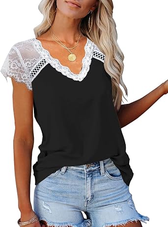 KINLONSAIR Womens Crochet Lace Basic V-Neck T-Shirts Short Sleeve Loose Fitting Tunic Tank Tops