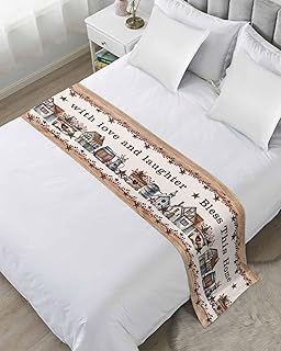 Farmhouse Bed Runners for Twin Size Bed, Bedding Runners Scarves Protector Slipcover, Country Star Barn Berry Brown Wood Plank Decorative Sofa Throws Bed Scarf for Bedroom Wedding Room