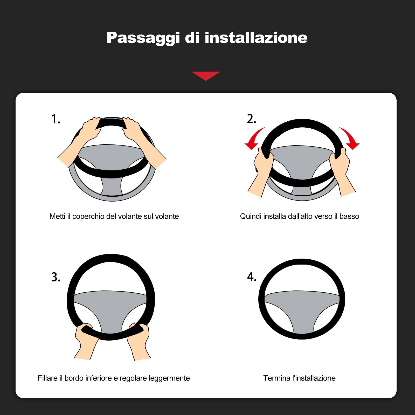 Ergocar Forma di D Fibra di Carbonio e Pelle PU in Microfibra Coprivolante Antiscivolo Coprivolante per Auto Universale Sport Traspirante Per diametro 38 cm（15"）-Nero Rosso