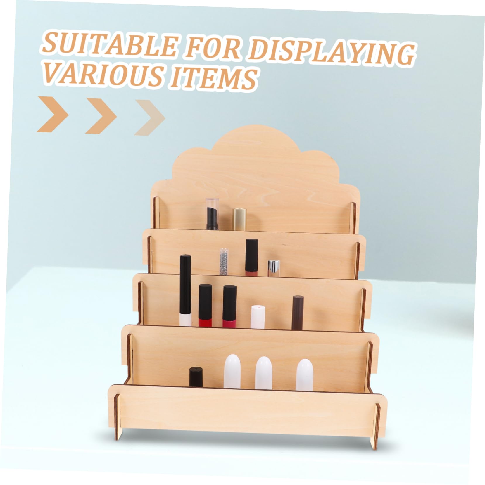 Expositor de Tarjetas de Madera Beige Niveles para Mostrador | Organización en Sobremesa, Estructura Escalonada, Diseño Simple Moderno