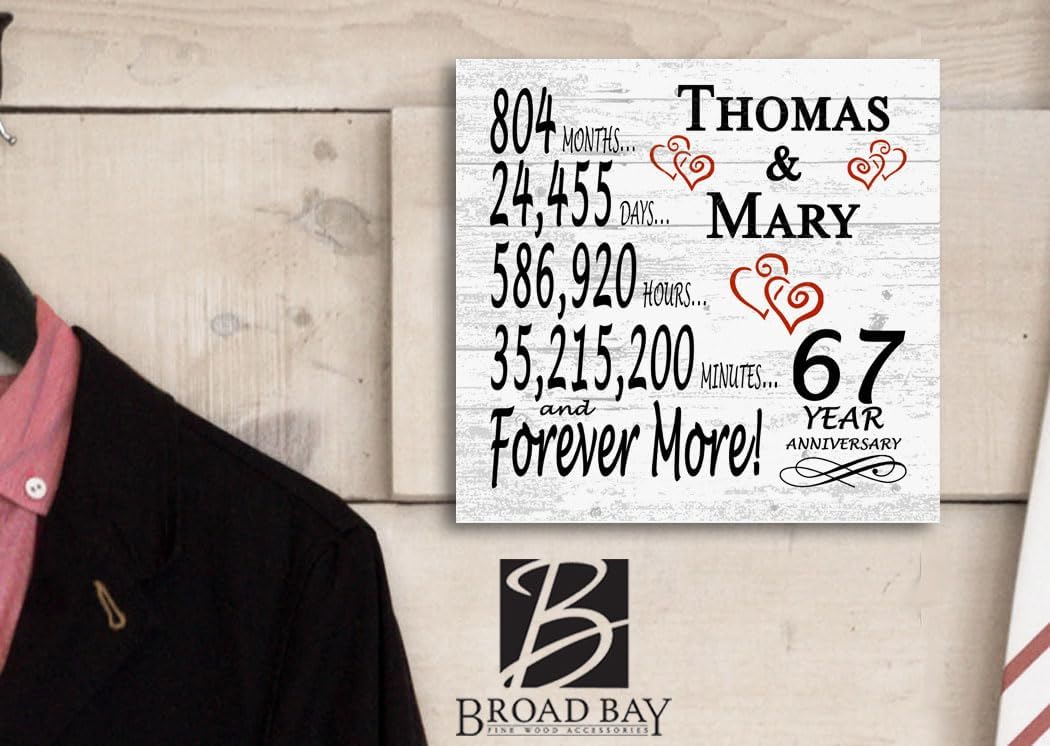 67th Anniversary Sign – Personalized 67 Year Gift Plaque - 67th Wedding Anniversary Present for for a Couple, Husband or Wife - Custom Names - Solid Wood