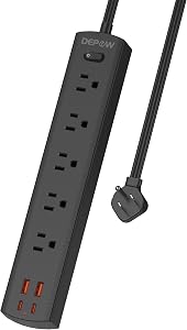DEPOW Power Bar Surge Protector with 5 AC Outlets & 4 USB Ports (2 USB C), 6 Ft Extension Cord, 15 Amp Circuit Breaker, 1700 Joules, Mountable Flat Plug Power Strip for Home Office, Black