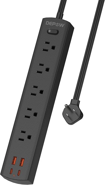 DEPOW Power Bar Surge Protector with 5 AC Outlets & 4 USB Ports (2 USB C), 6 Ft Extension Cord, 15 Amp Circuit Breaker, 1700 Joules, Mountable Flat Plug Power Strip for Home Office, Black