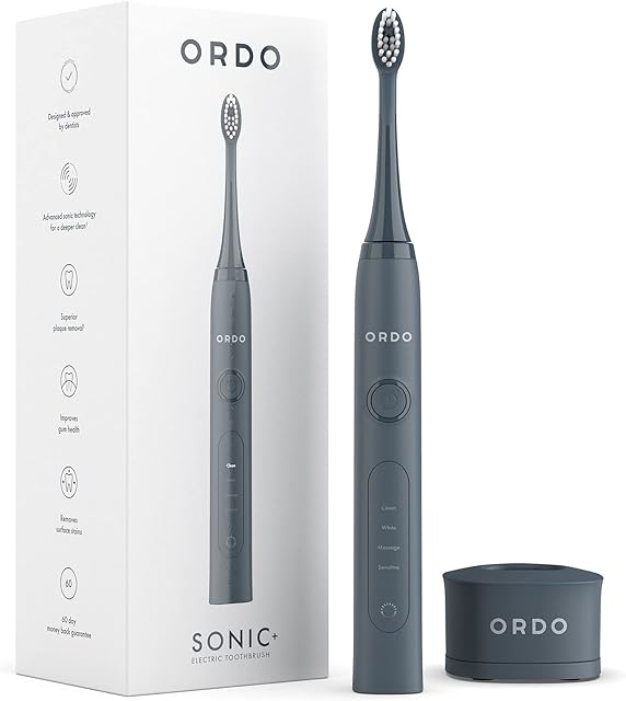 Ordo Sonic Electric Toothbrush Advanced Smart Tech with 4 Brushing Modes Fast Rechargeable Battery and Silicone-Polishing Element USB Charger for Adults Black Charcoal Grey