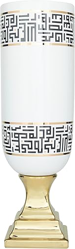 Miniatura 4 de Deco 79 Jarrón decorativo de cerámica con patrón de nudo griego y base dorada, jarrón de flores para decoración del hogar, 7 x 7 x 21 pulgadas,