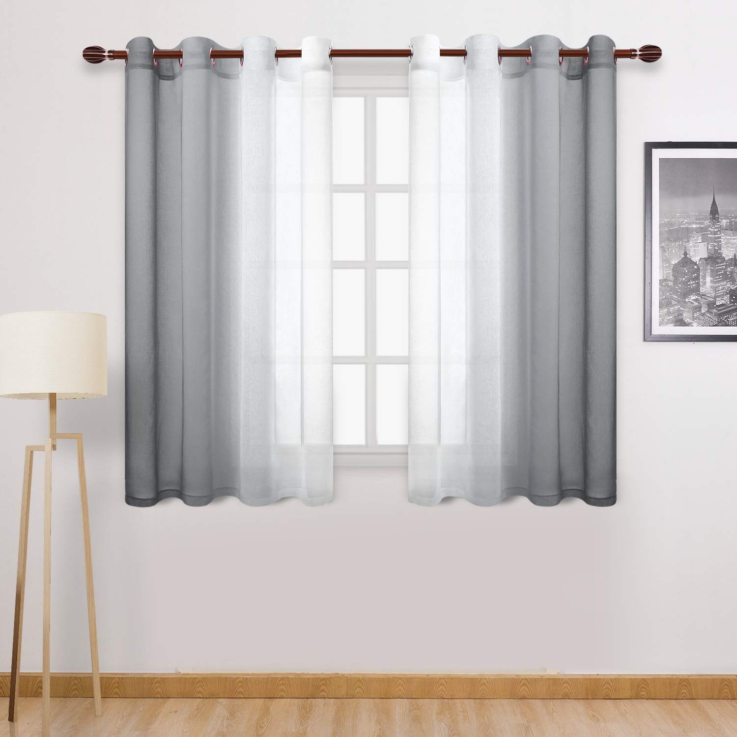 DWCN Grey Ombre Sheer Curtains - Faux Linen Semi Voile Grommet Top Gradient Curtains for Bedroom and Living Room, Set of 2 Window Curtain Panels, 52 x 54 Inch Length