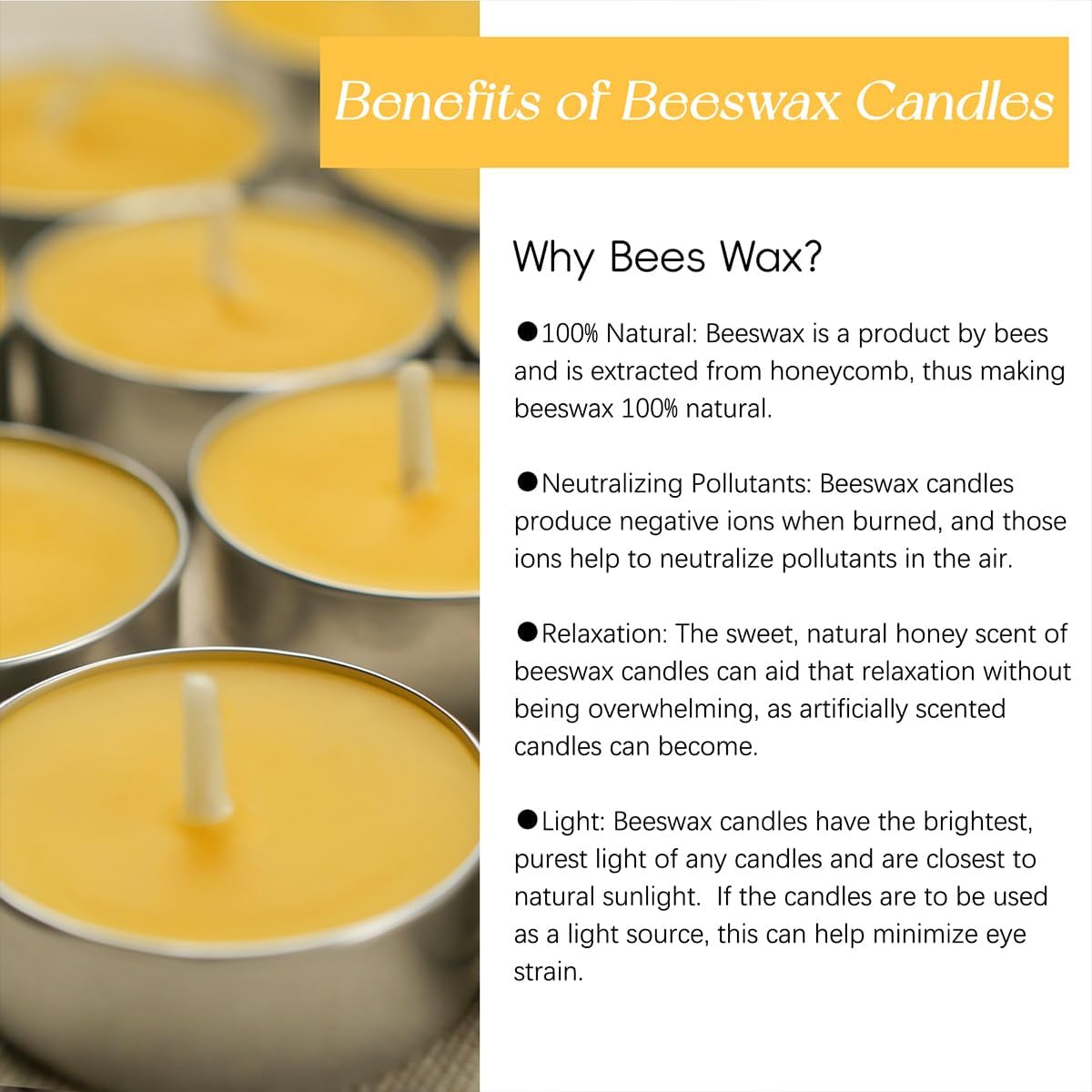 48 Pack Beeswax Tea Candles in Aluminum Cup, 4 Hours Burn Time, Natural Beeswax Tealight Candles for Gift Choice, Home Decor, Air Purification, Honey Scent Pure Bees Wax Tea Lights - Image 8