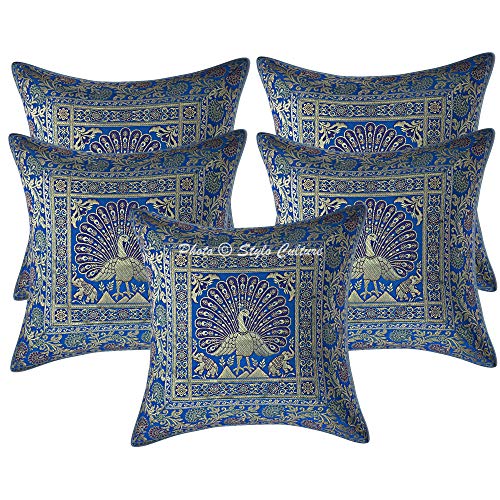 Image of Decorative Brocade Cushion Covers 16 Inch x 16 Inch Banarasi Jacquard Turquoise & Gold Home Decor Peacock Traditional Square 40x40 cm Zippered Sofa Settee Pillowcases -Set of 5 Pcs