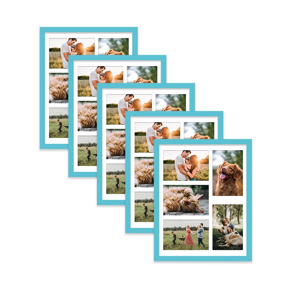Turquoise Multi Photo Frame - Holds 5 x 6x4 Pictures, Family Collage Picture Frame for Wall Display, 14x11 Frame size, Set of 5