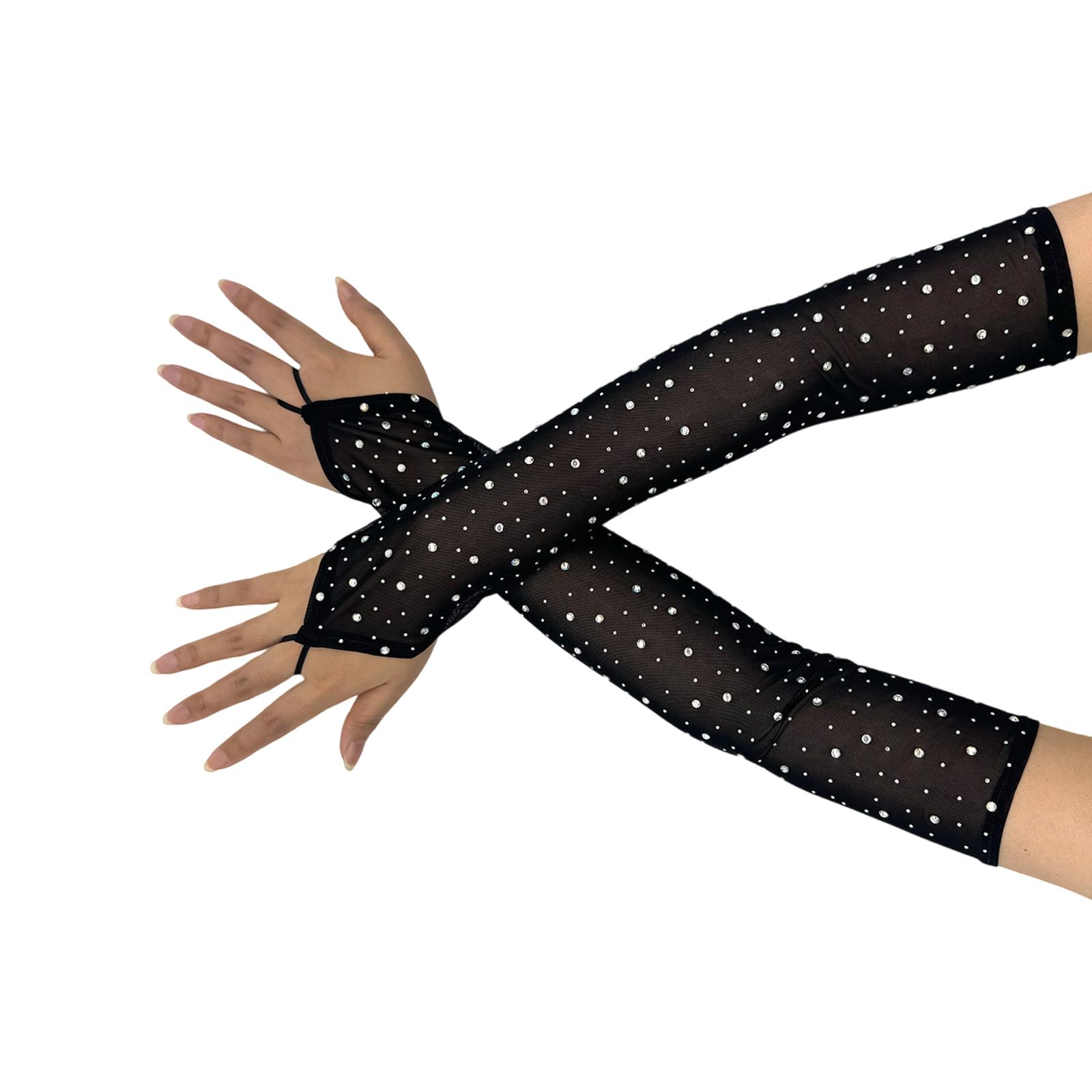 Maxtonser Stretchy Mesh Gloves With Sparkling Rhinestones Elegant Arm Sleeves For Women Evening Party Wedding Dance Formal Event