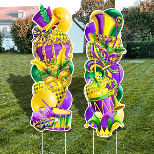 2 Pcs Mardi Gras Yard Signs Mardi Gras Decorations with Stake, Outdoor Carnival Lawn Decorations Welcome Crown Carnival Decor Party Yard Signs for Festive Masquerade Party Home Garden Supplies