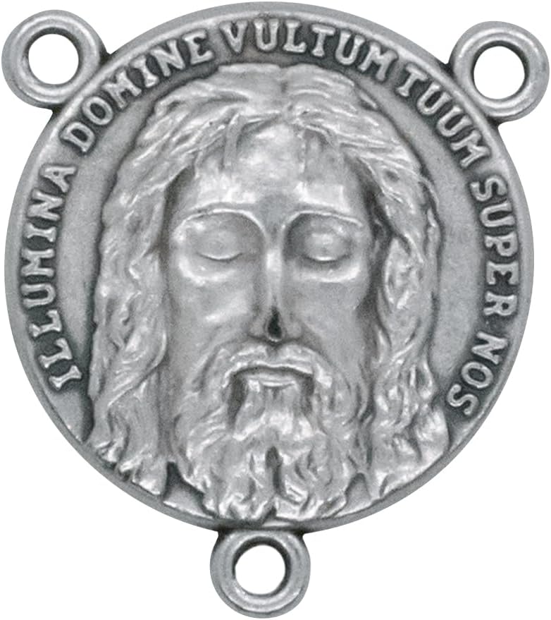 VILLAGE GIFT IMPORTERS 5-Pack Holy Face of Jesus Silver Oxidized Rosary Centers - 1 Inch Round Shroud of Turin Catholic Rosary Centerpieces for DIY Rosary Making, Made in Italy