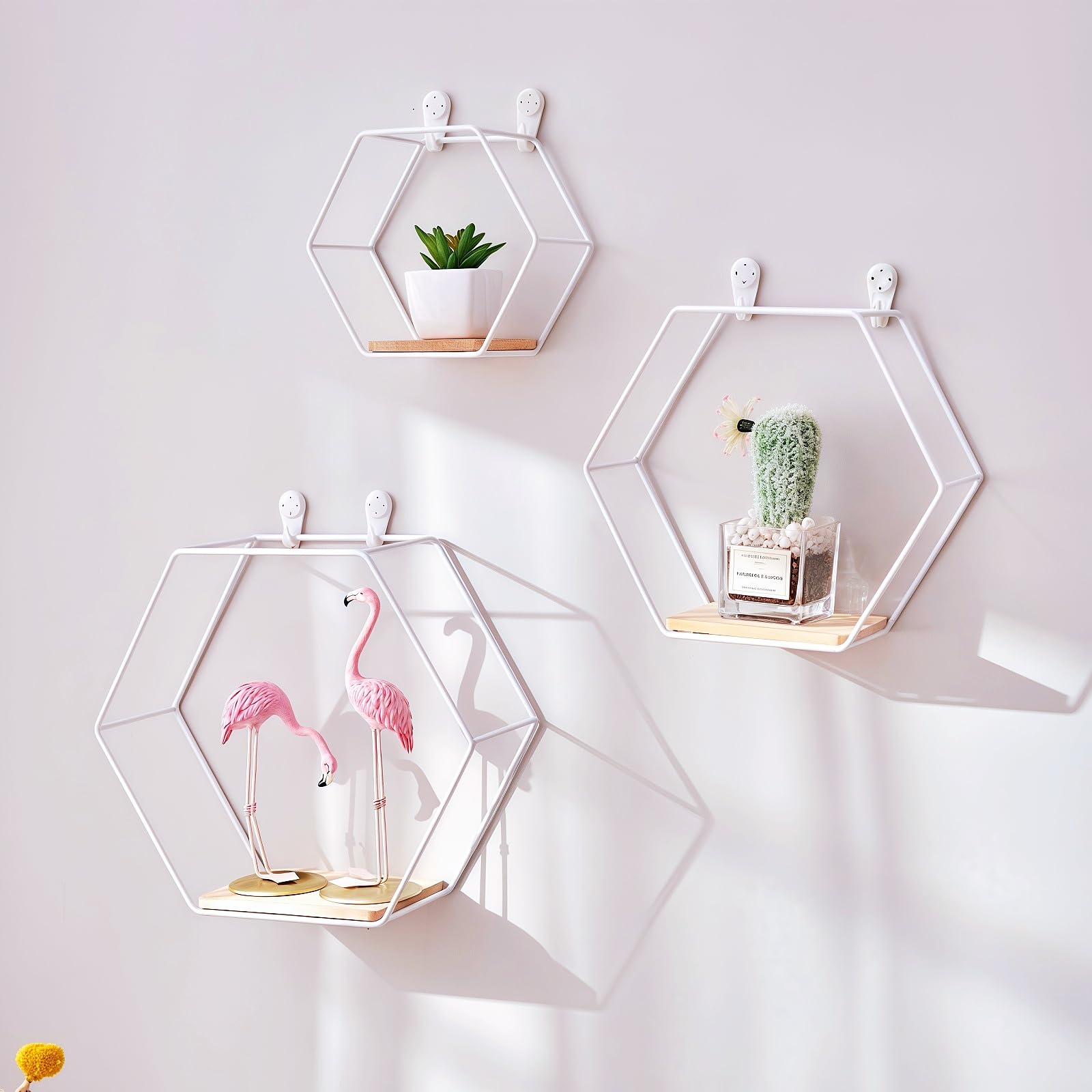Wall-Mounted Hexagon Shelves 3 Pack - Modern Geometric Metal Shelves for Home Décor | Floating Shelves Unit for Living Room & Bedroom | Space-Saving Display Shelves for Photos, Plants, Books (White)