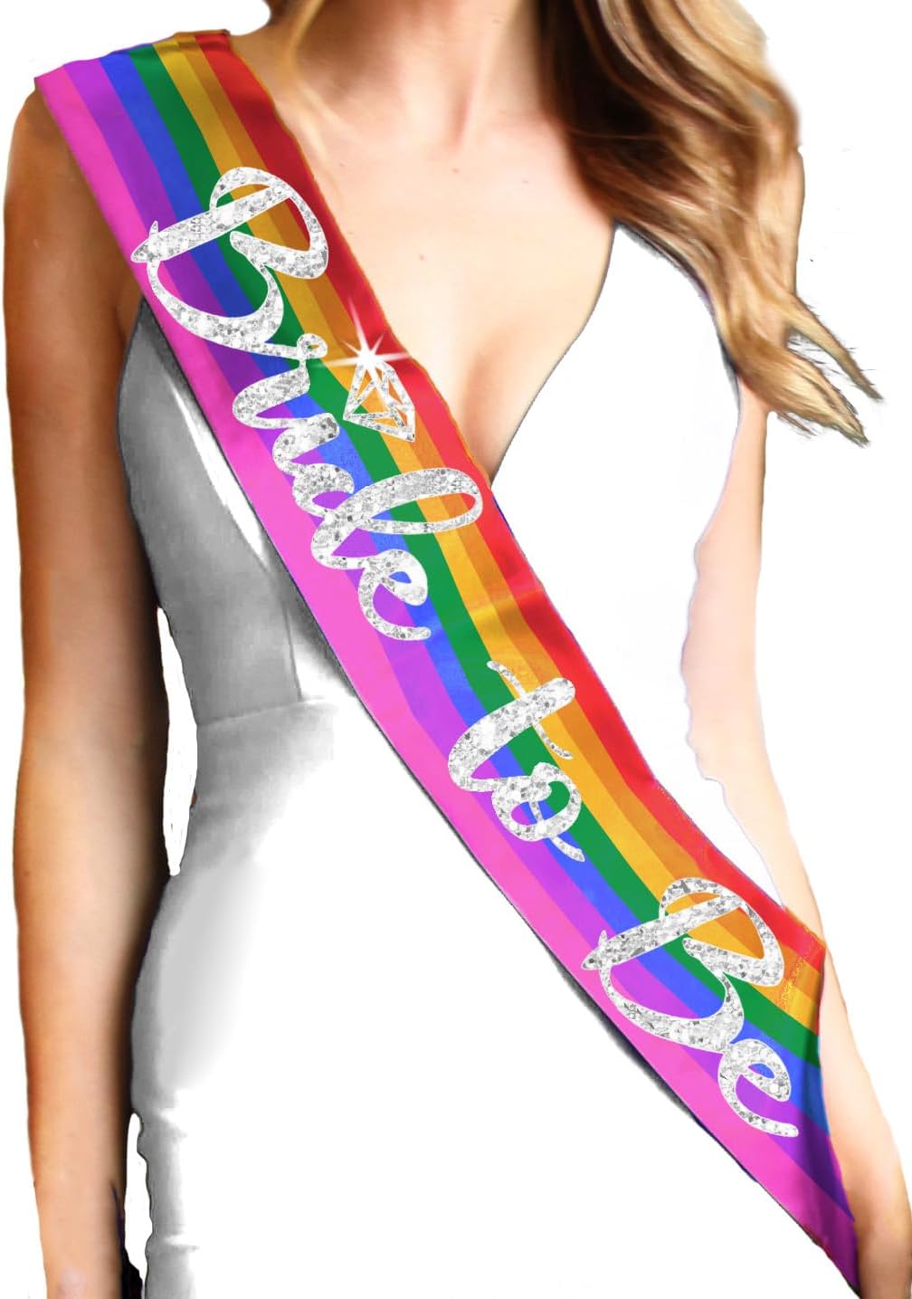 Rainbow Bride Gay Wedding Sash - Premium Quality BRIDAL GRADE SATIN Silver with Diamond Motif Bride To Be - Bridal Sash LGBTQ+ Pride, Lesbian Sash (DiamB2B Slv) RBW