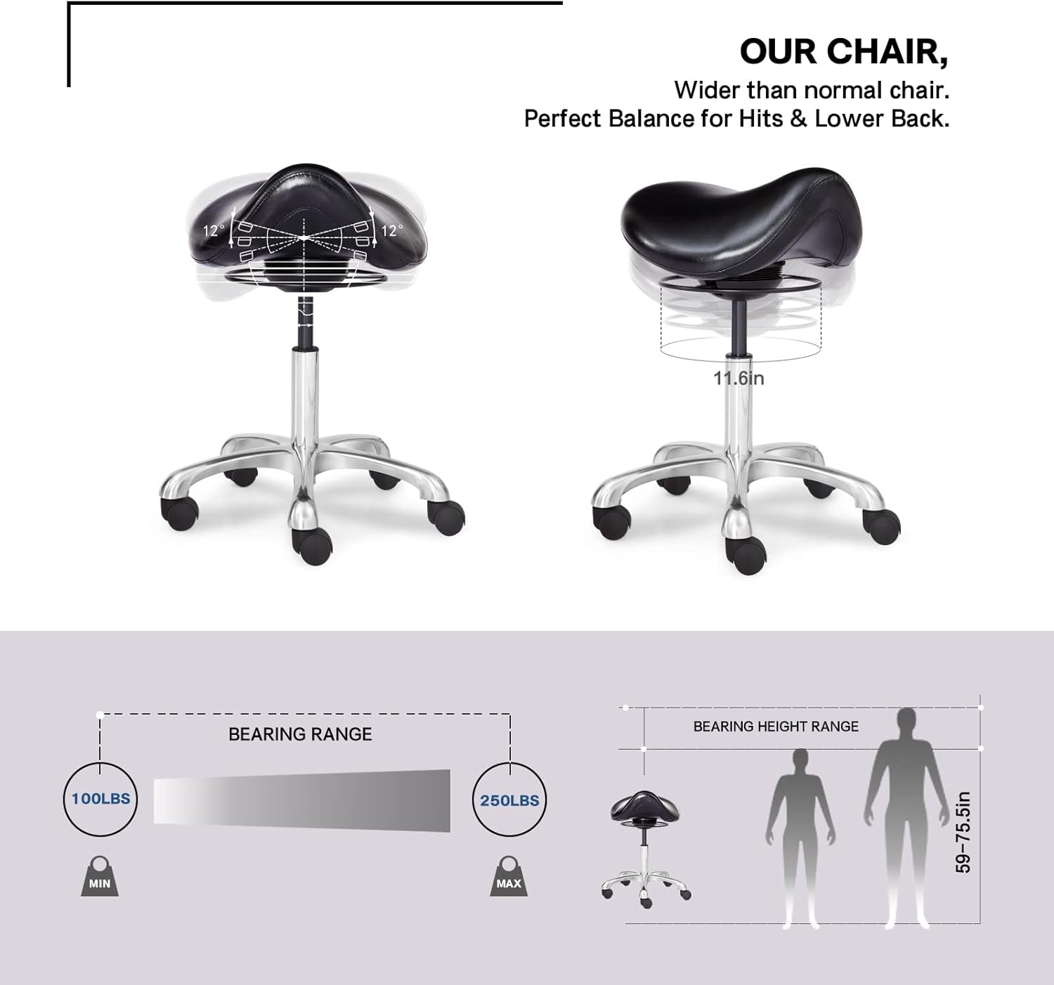 Saddle Stool Swivel Height Adjustable with Wheels Wobble Rolling Stool for Medical Massage Salon Kitchen Spa Drafting Lab Clinic Dentist, Ergonomic Hydraulic Seat Chair Office Stool