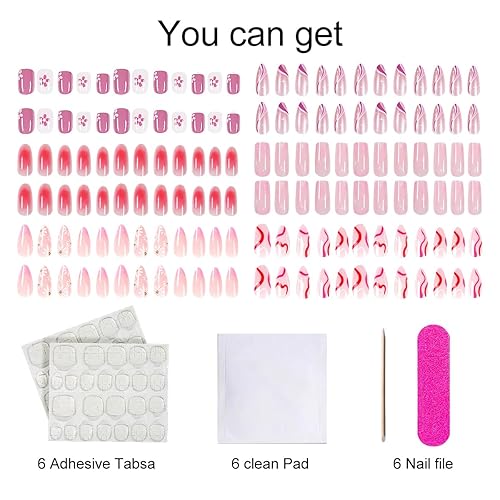 Miniatura 2 de Uñas a presión, 6 paquetes (144 piezas) uñas postizas con pegamento adhesivos, uñas acrílicas de cobertura completa con lengüeta adhesiva de uñas
