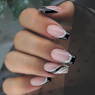 French Tip Press on Nails Short Medium Square Black Silver Fake Nails Pink Curve Bling Glue on Nails Cute Women Stick on Nails Acrylic Gel False Nails Wedding Birthday