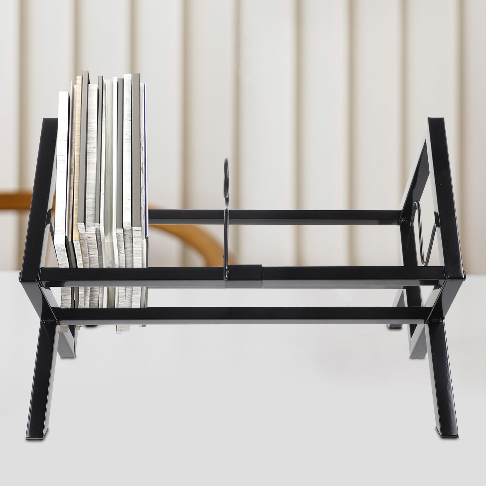 Porta Dischi Vinili da Scrivania in Metallo Nero, Grande Capacità | Libri e Riviste, Design Smontabile, Uso Ufficio e Negozio, Supporto Desktop per CD