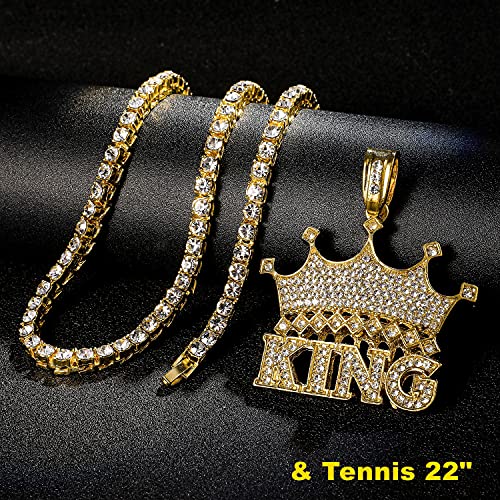 HH BLING EMPIRE 14k Gold Silver Plated Hip Ho Rapper Pendant Chain Necklace for Men, Iced Out Diamond King Pendant with Rope Tennis Chains 22 Inch4