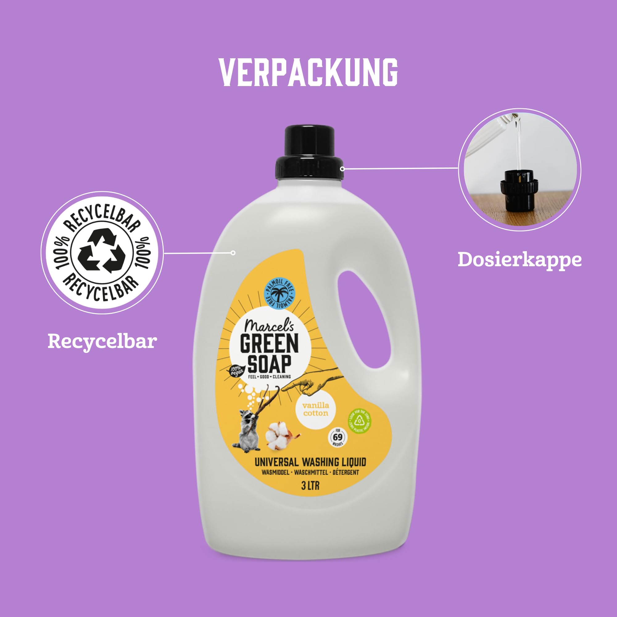 Marcel's Green Soap Universalwaschmittel Vanille & Baumwolle - Vorteilspack - Weiße und bunte Wäsche - Vegan - Mikroplastikfreie Formel - 100% recycelte Plastikflasche - 276 Waschgänge - 3L (4er Pack)