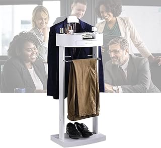 Soporte de madera maciza con estante de cajón y barra para pantalones, color blanco, ideal para oficina, sala de estar y dormitorio