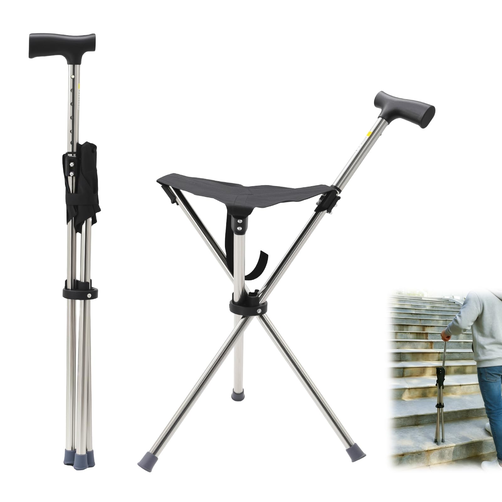 Bastone da passeggio con supporto, 80-90 cm, pieghevole e regolabile in altezza, base in silicone antiscivolo, portata fino a 150 kg, per anziani 140-190 cm (nero)
