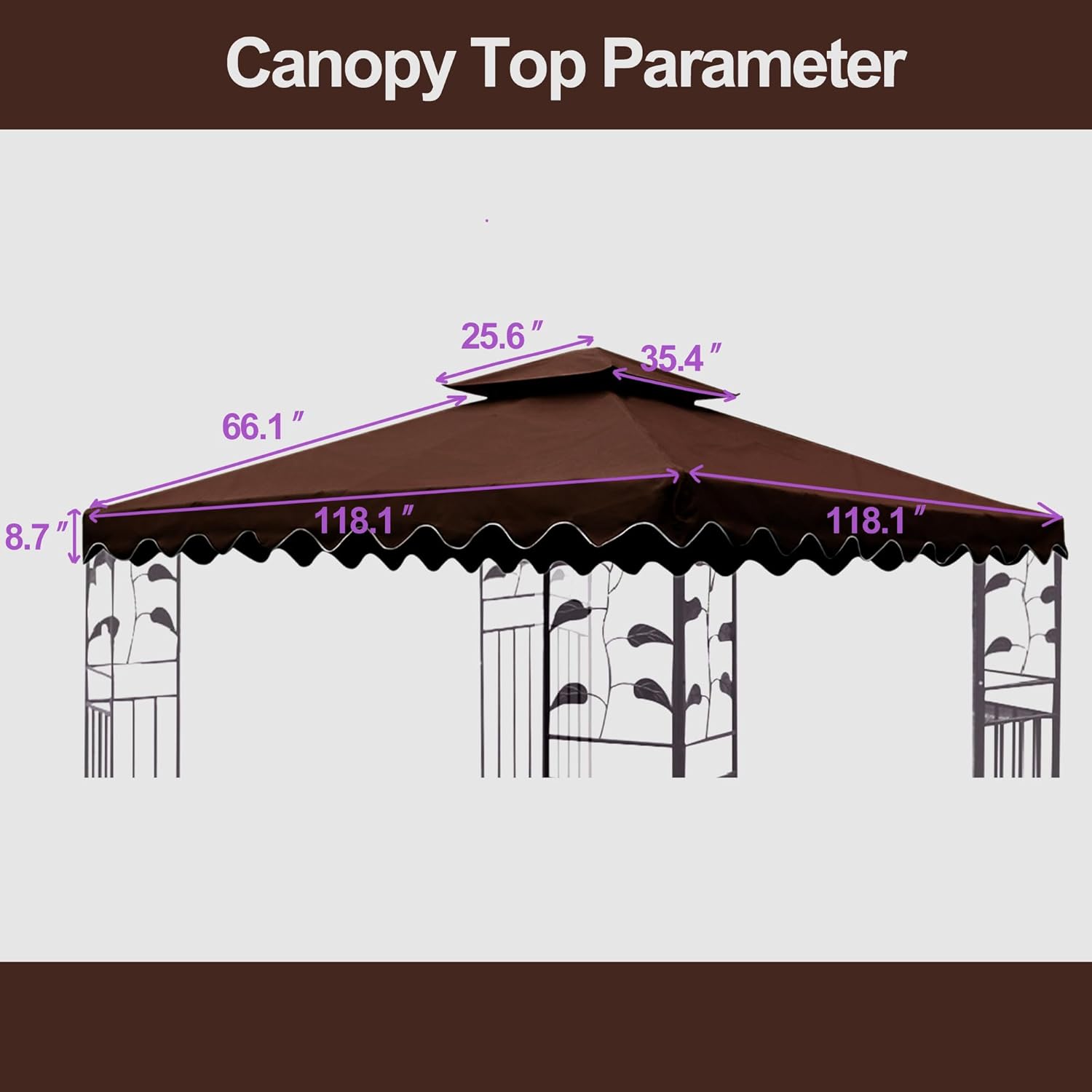 118"x118" Gazebo Canopy Top Replacement Grill Gazebo 10x10 Canopy Cover 2 Tier (Brown -Wave Edge)
