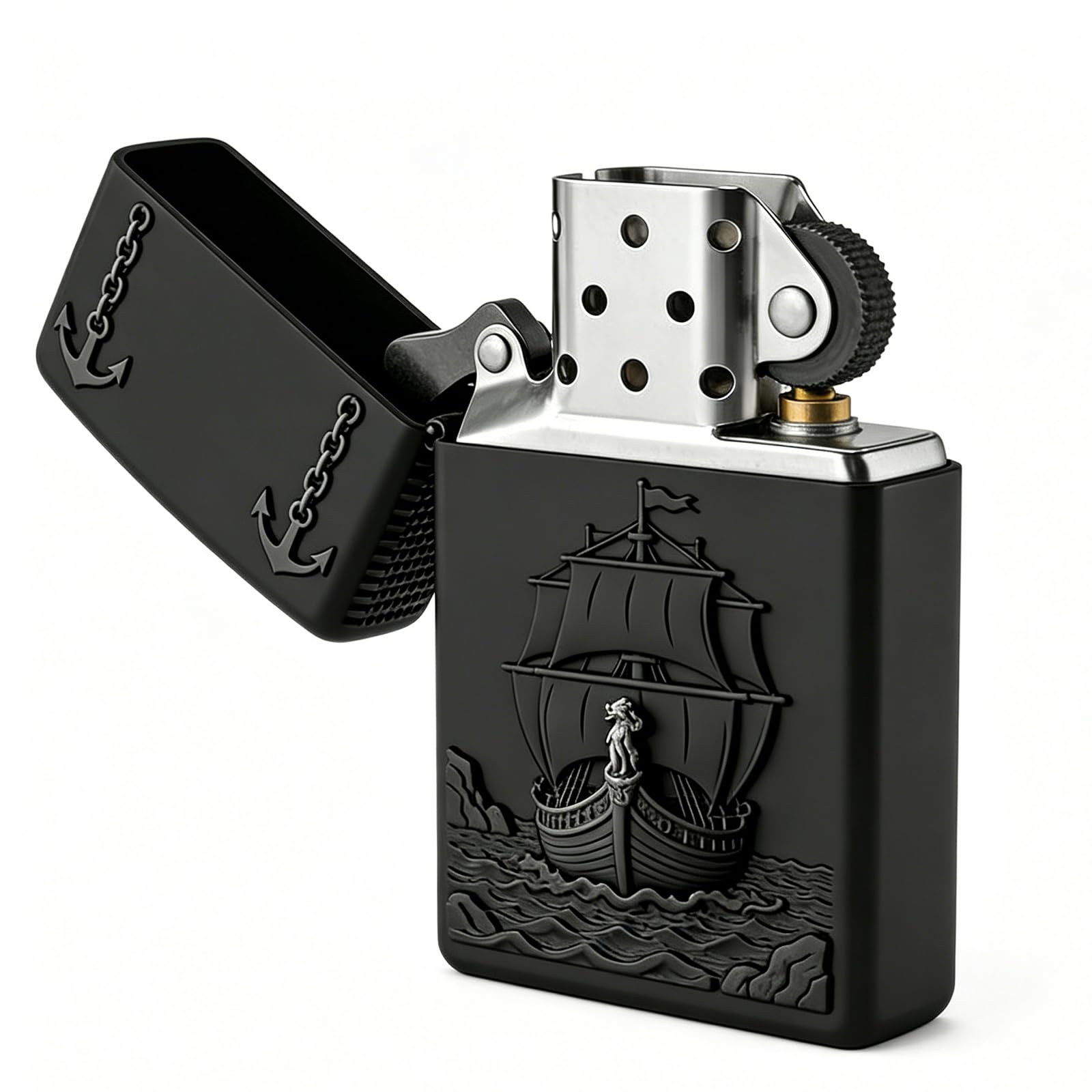 3D Sailboat Carving Flint Kerosene Lighter Windproof Flip Top Wheel Grinding Open Flame Fire Lighter for Daily Use (C)