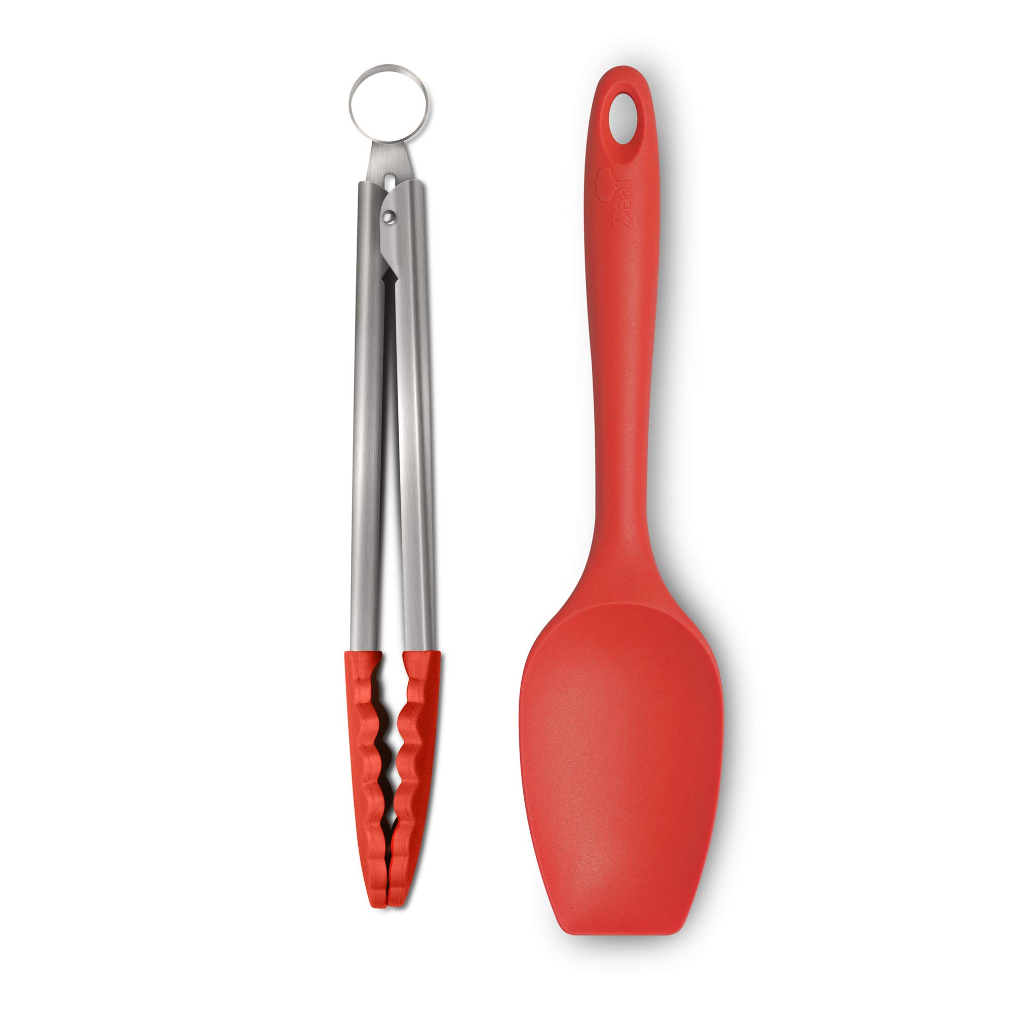 Zeal JSET11R Set di 2 cucchiai e pinze da Cucina antiaderenti, in Silicone, Colore: Rosso
