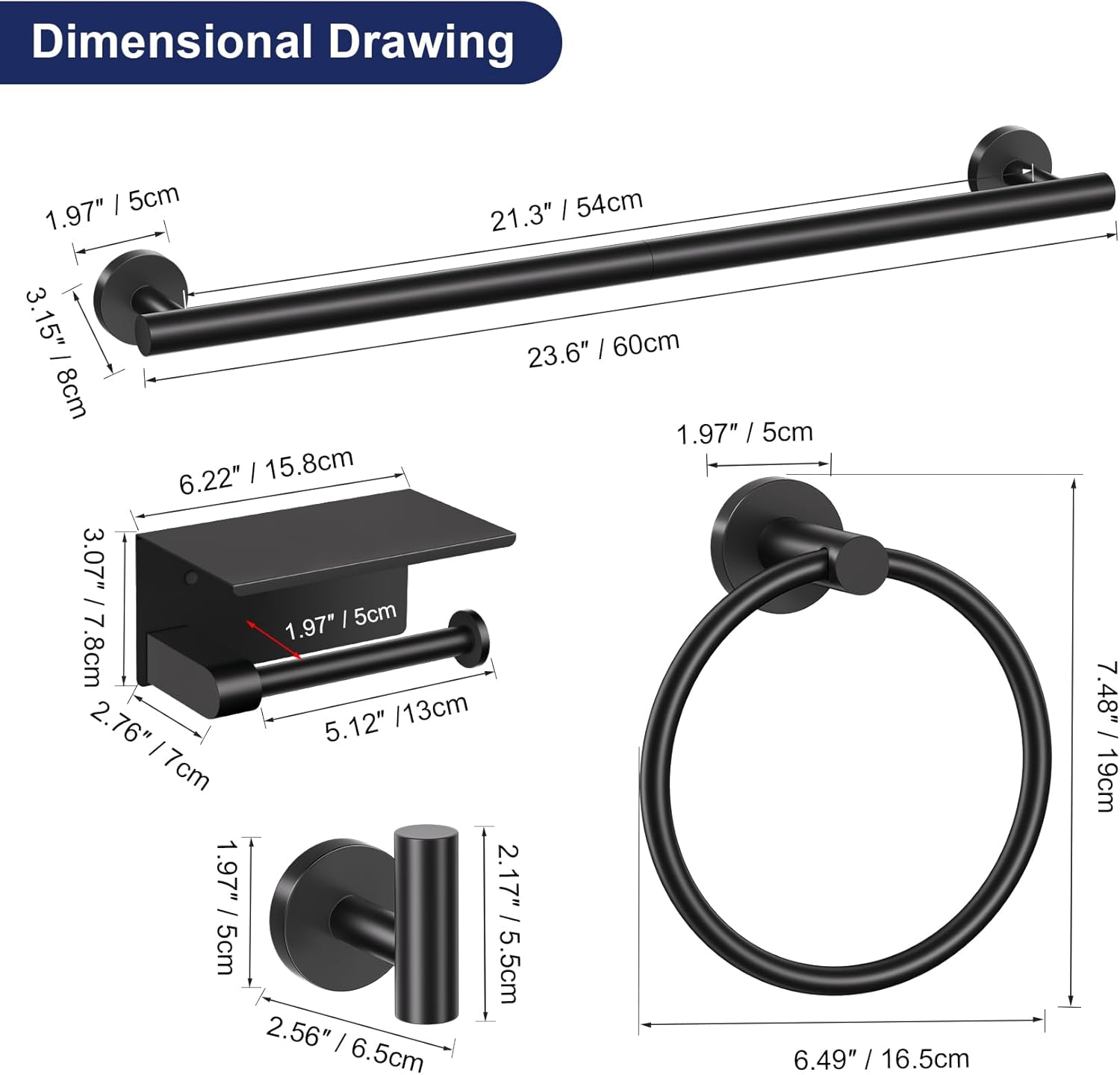 5-Piece Towel Bar Set Black Bathroom Hardware Accessories Set Upgraded Toilet Paper Holder with Shelf Towel Holder Set for Bathroom Stainless Steel Wall Mounted