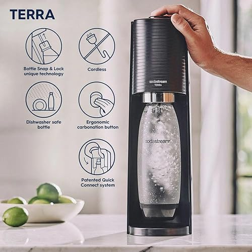 Miniatura 4 de SodaStream Terra - Máquina de agua con gas (negro) con CO2, botella DWS y gota Bubly, funciona con pilas