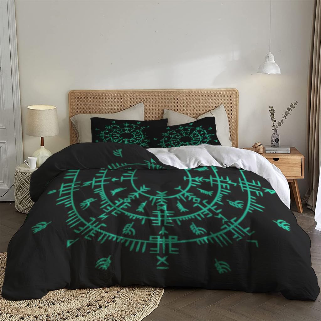 NIBAINLO 布団カバー黒緑ルーン文字-円-シルエット-背景 肌に優しい ピーチスキン加工 掛け布団カバー 和式 洋式 あったか 布団カバーセット リバーシブル ホームステイ ホテル 家庭兼用