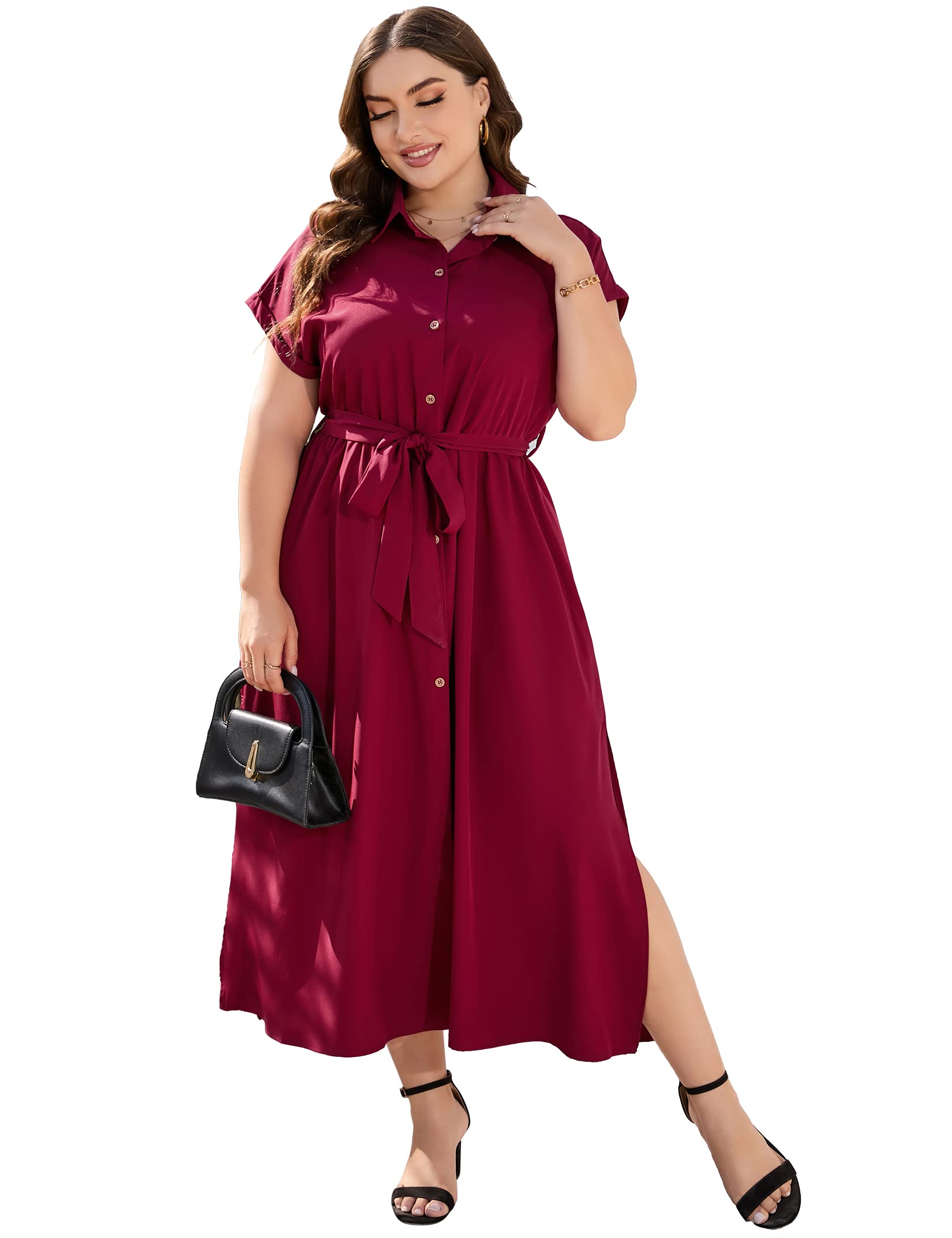 KOJOOIN Plus Size Maxi Dresses for Women Summer Tie Belt Work Polo Dress Business Casual Button Down Dress