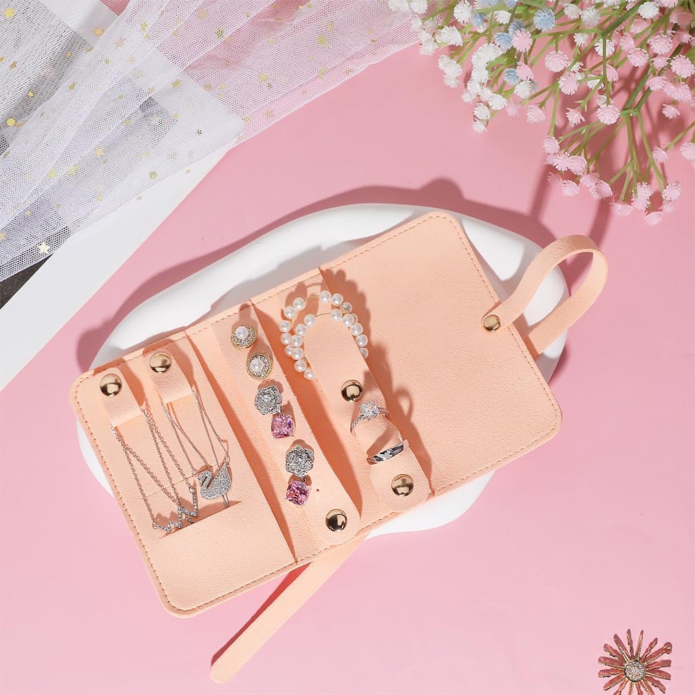 iSuperb Leather Jewelry Case Travel Jewelry Organizer Foldable Jewelry Roll for Journey Rings, Necklaces, Earrings, Bracelets, Brooch Buttons (Pink)