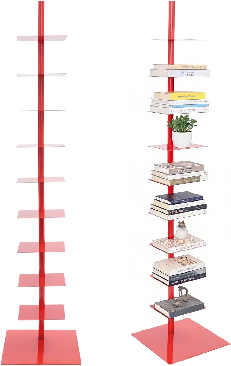 9-Tier Narrow Spine Bookshelf, Modern Bookcase, Adjustable Vertical Bookshelf, Metal Rotating Bookshelf Tower for Home Office Living Room Bedroom (Red)