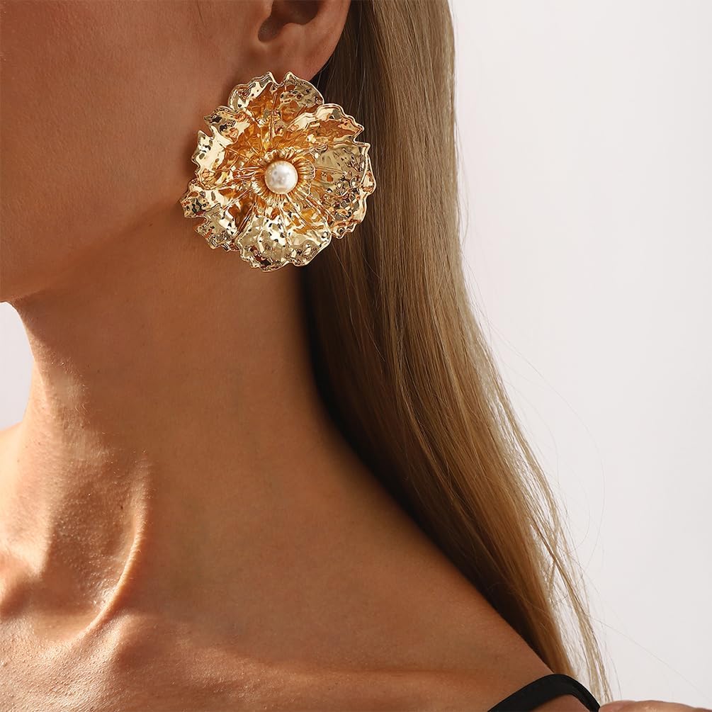 Unique Retro Gold Big Metal Flower Pearl Earrings for Women Trendy Exaggerated Hammered Large Floral Earring Punk Prom Party Jewelry Gift Accessory - Image 8