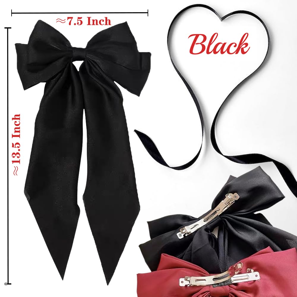 Hair Bows for Women - 3 Pcs Large Ribbon Hair Clips with Long Tail Tassels, Big Hair Barrettes for Girls (Black, Red, Beige) - Image 4