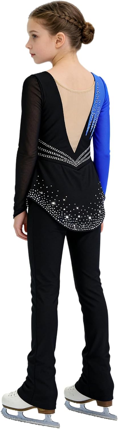 Hularka Kids Girls Figure Ice Skating Jumpsuit with Skirt Long Sleeve Leotard with Skirt Skating Unitard Dance