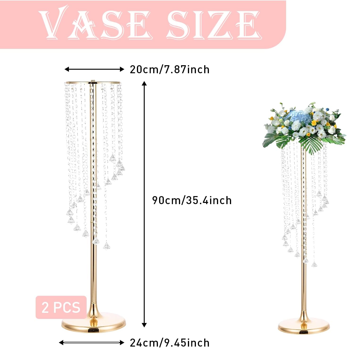 2 Pcs 35.4inch Crystal Flower Stand Wedding Centerpieces for Tables Metal Tall Tabletop Gold Metal Flower Arrangement Holder Bead Crystal Golden Vase for Party Wedding Birthday Decor