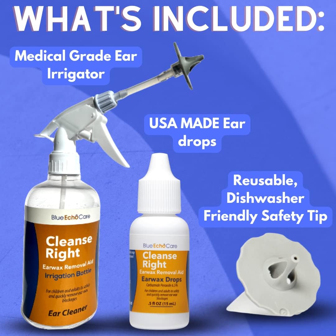 Cleanse Right - Ear Wax Removal Kit- Carbamide Peroxide Ear Drops, Irrigation Spray Bottle and USA Made Reusable, Dishwasher Friendly Safety Tip - Easy to Use - Cleaner Tool to Remove Ear Blockage - Package May Vary